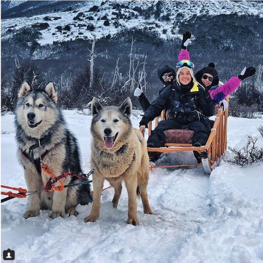 Cachorros selvagens puxam o trenó para passeio de turistas no meio da floresta, rodeada de arvores e muita neve.